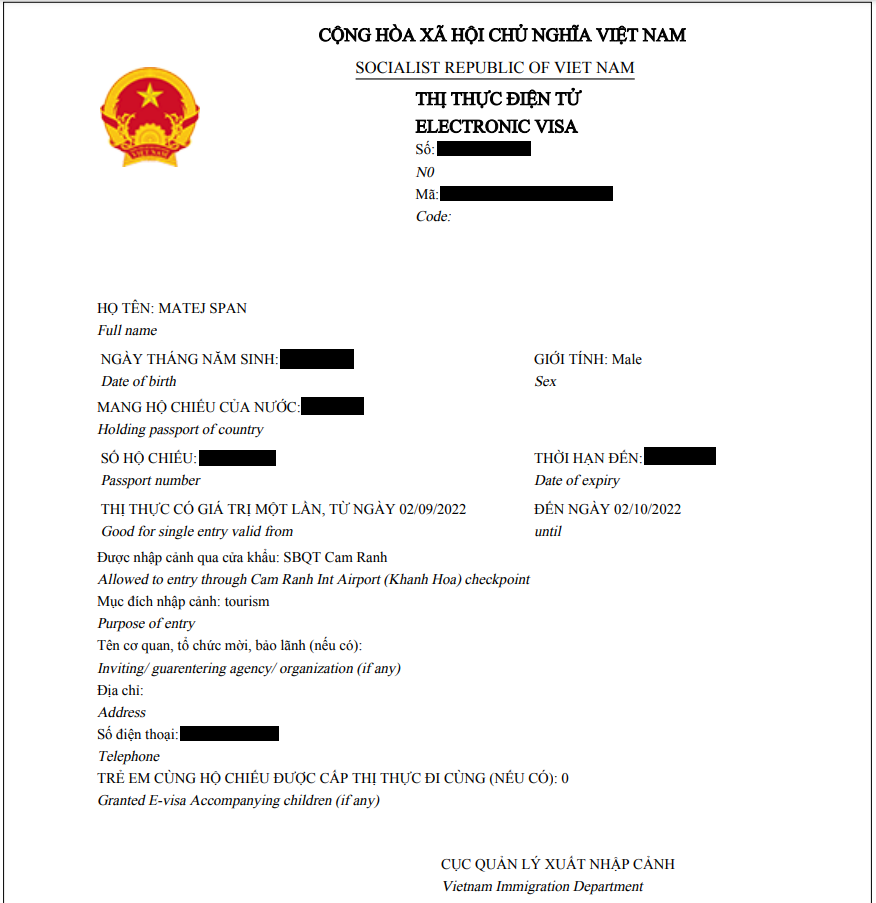 越南電子簽證樣本