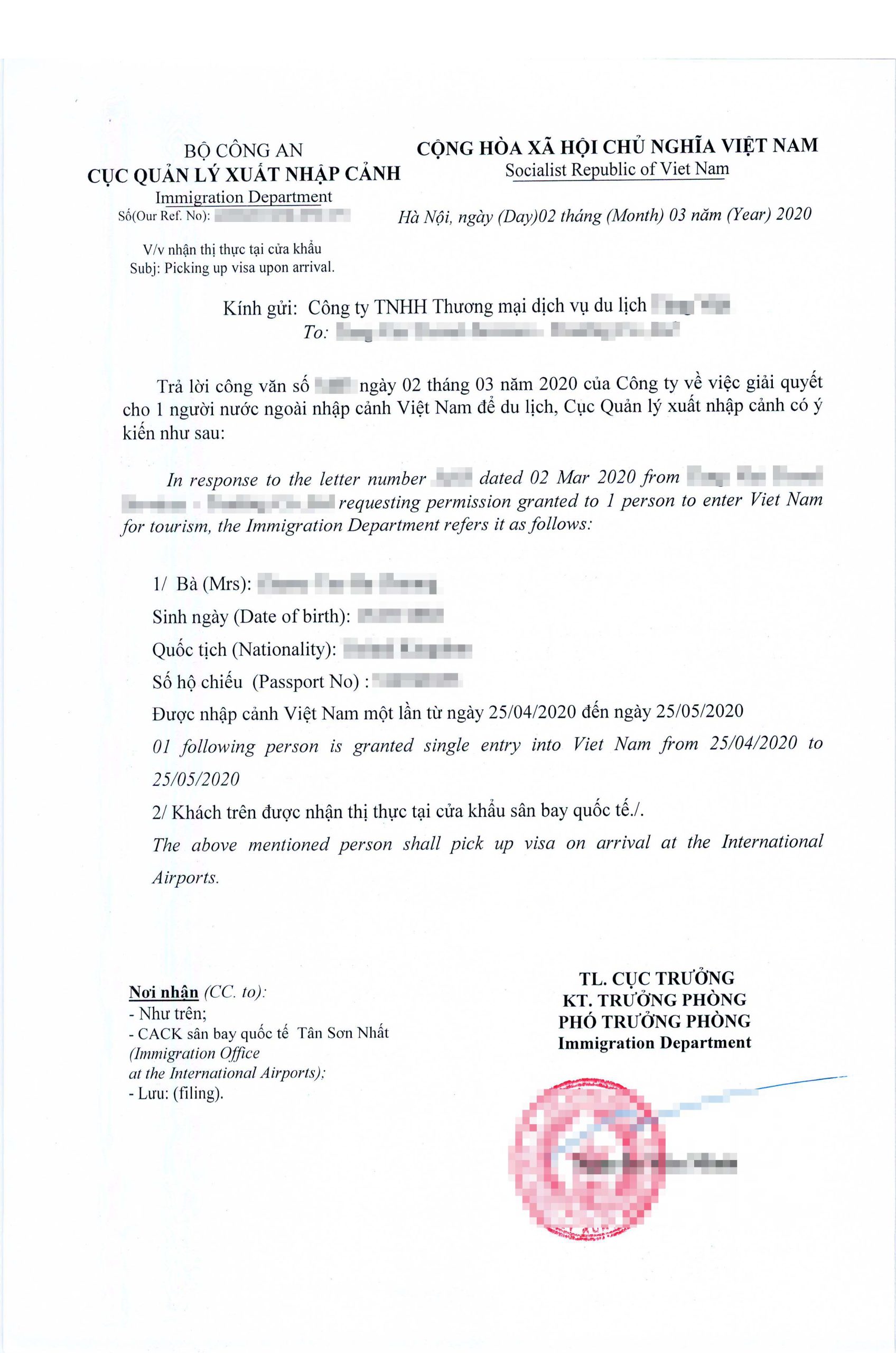 批准函( visa approval letter) - Vietnam visa on arrival