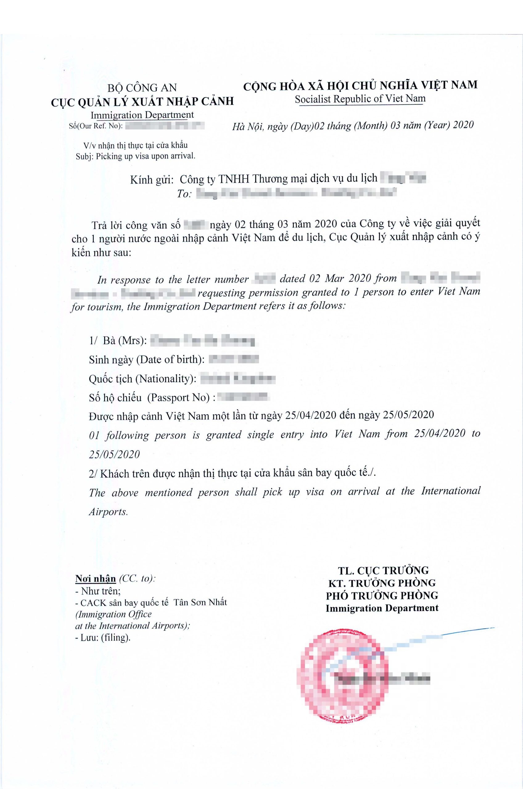 Approval Letter - Vietnam Visa on Arrival (VOA)