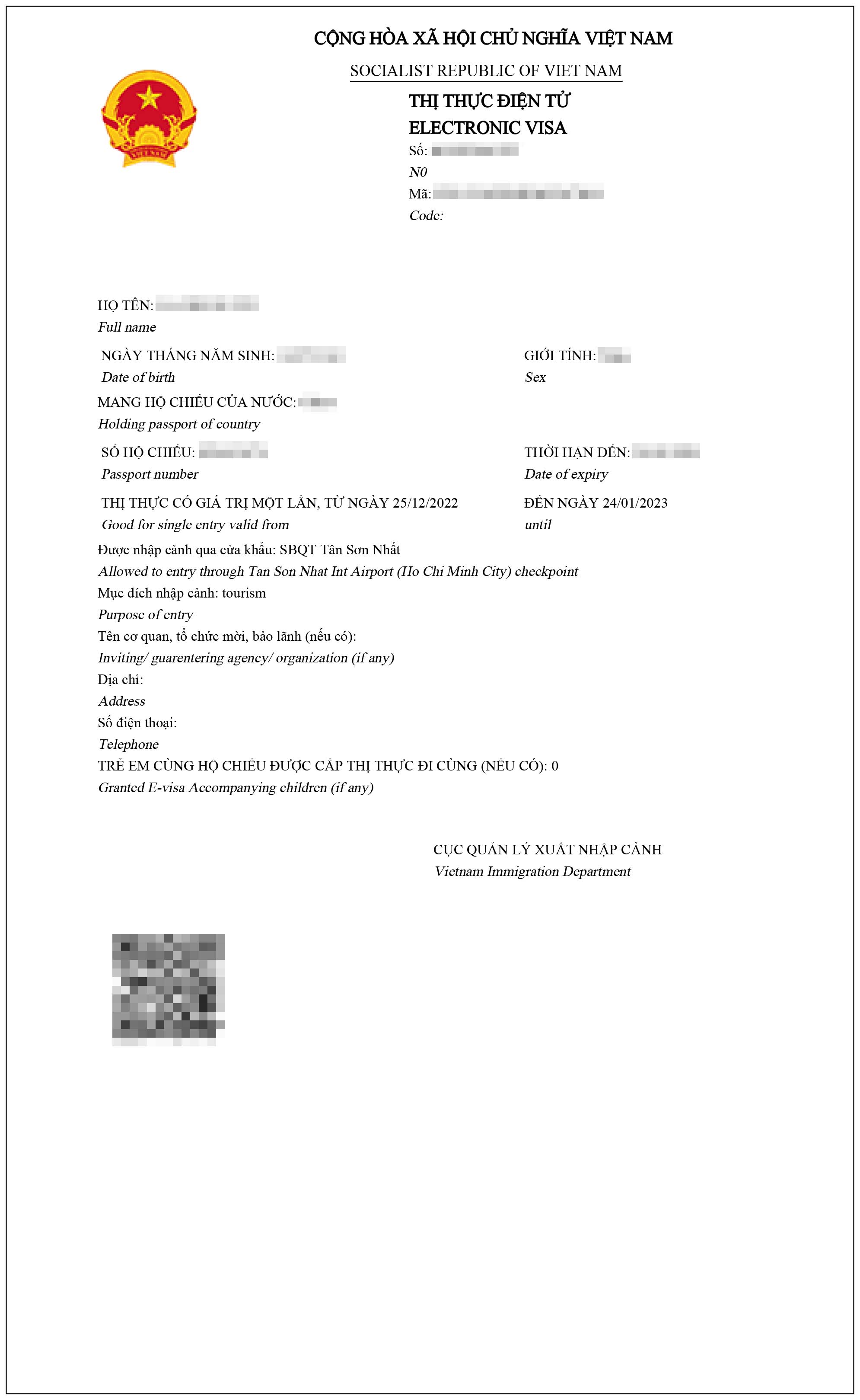 Sample of a Vietnam E-Visa