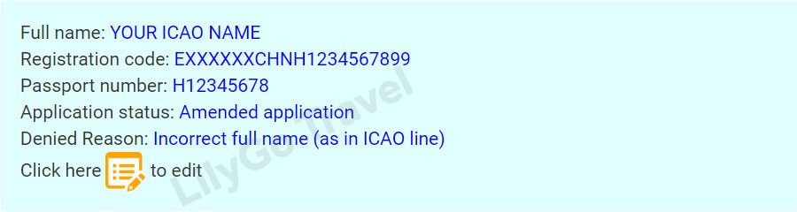 Denied Reason: Incorrect full name (as in ICAO line)
