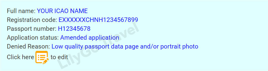 Denied Reason: Low quality passport data page and/or portrait photo