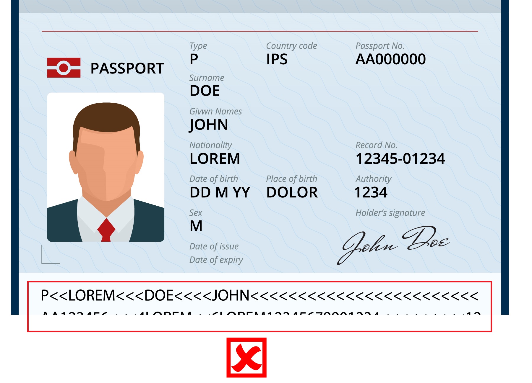 Example of invalid passport data page: Missing the ICAO lines