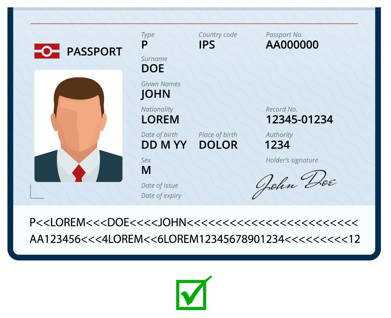 Example of valid passport data page: Full detailed