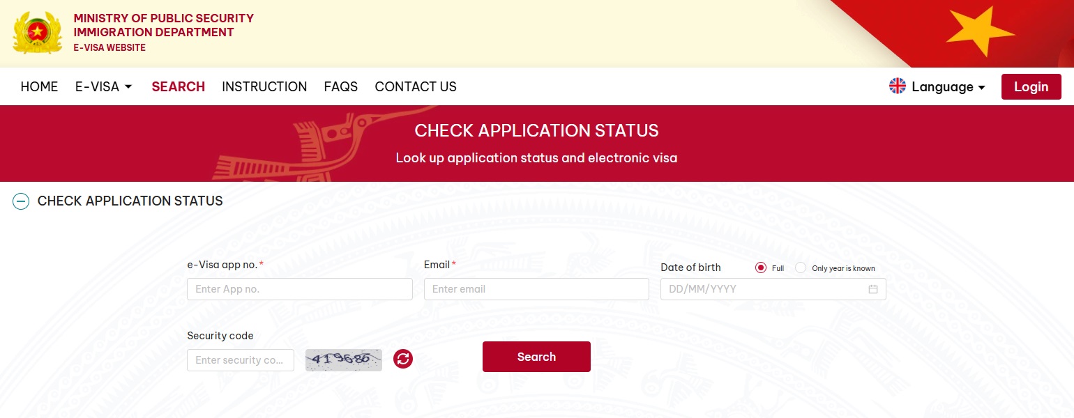 Vietnam evisa search interface